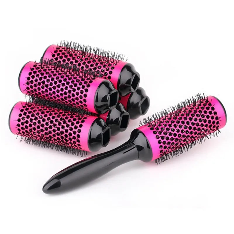 Set of six ceramic hair styling brushes in assorted colours with detachable handle and PVC carry bag