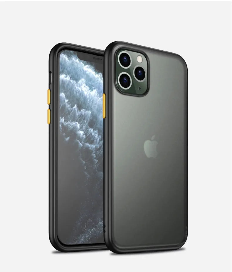 Frosted TPU and hard PC protective phone case for iPhone 11 models in black, green, purple, or red