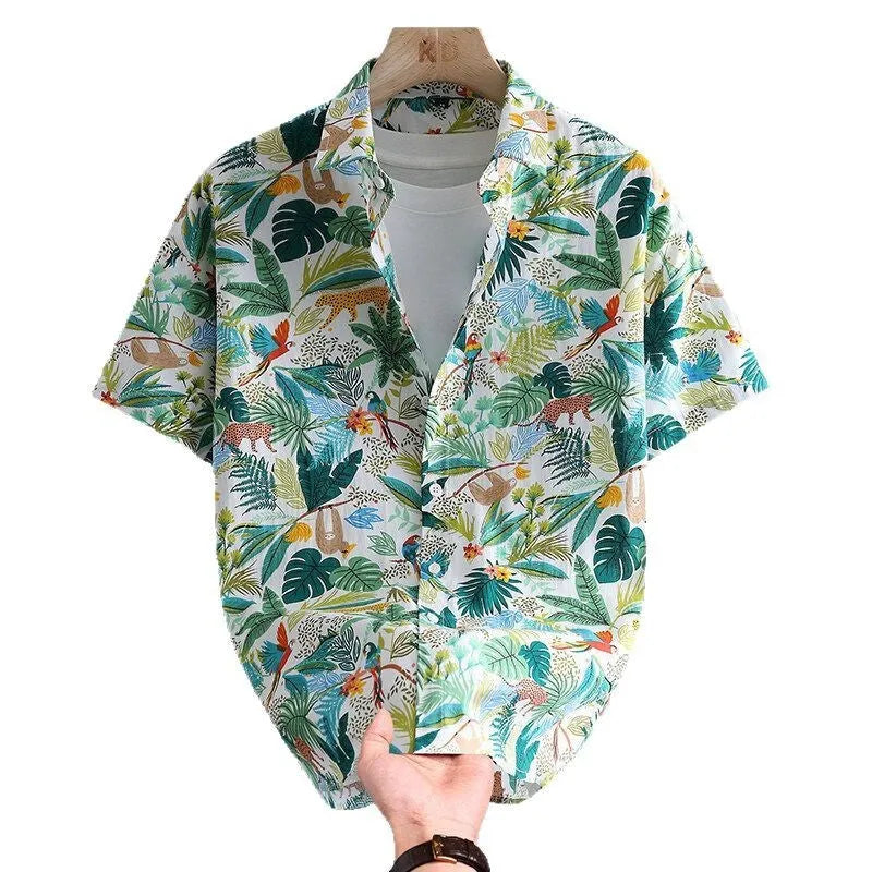 Men's short sleeve casual shirt with colourful floral print on cotton fabric, shown in a cardigan style.