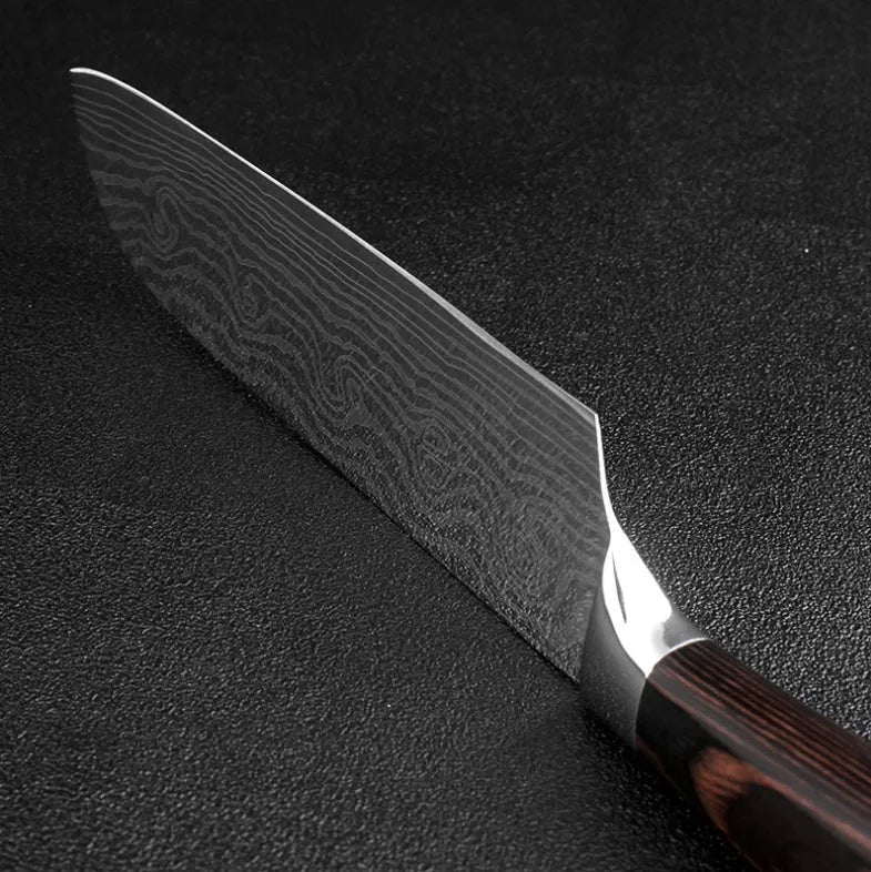 Carpenter's Special kitchen knife with laser Damascus pattern blade and coloured wood handle