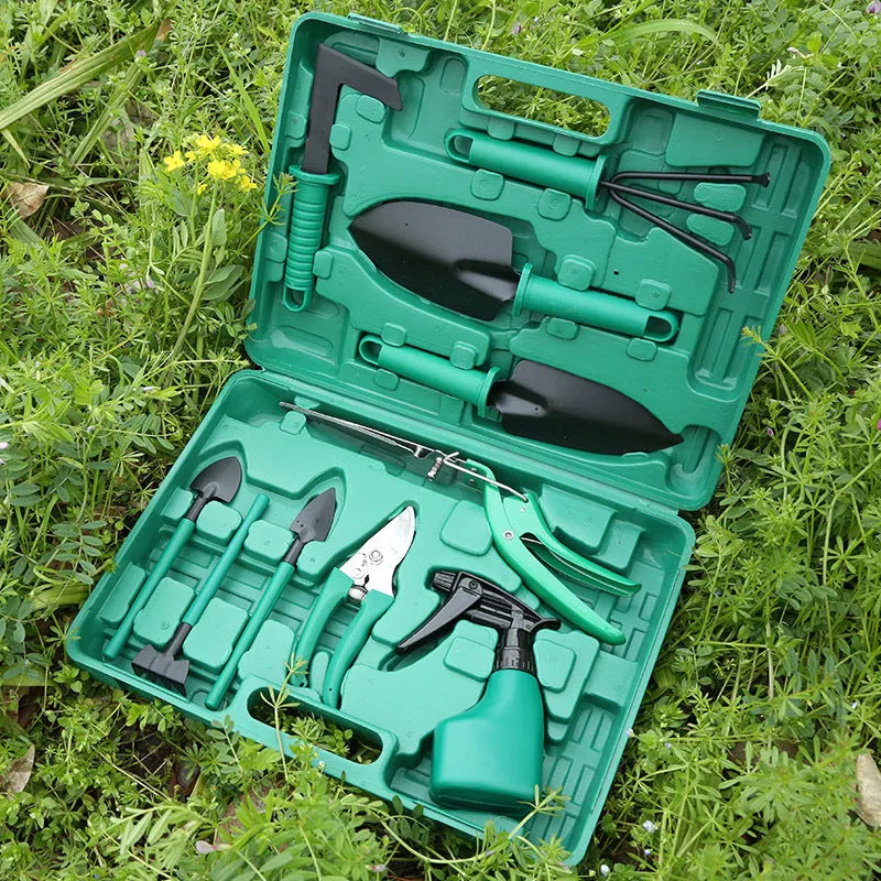 Ten-piece gardening tool set with iron heads and plastic handles, green and purple colour options