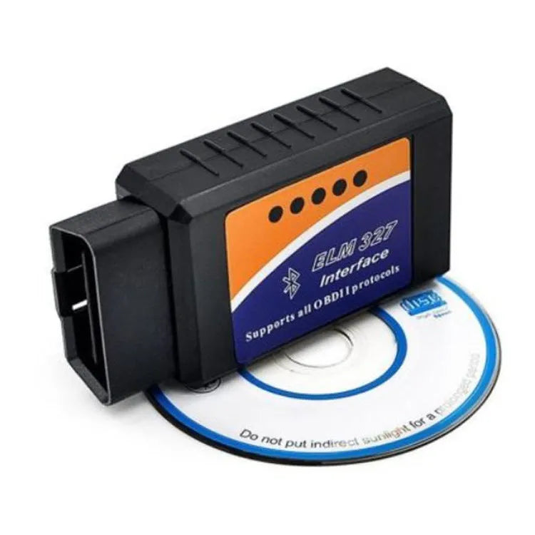 Compact black OBD2 Bluetooth diagnostic scanner for reading car engine fault codes.