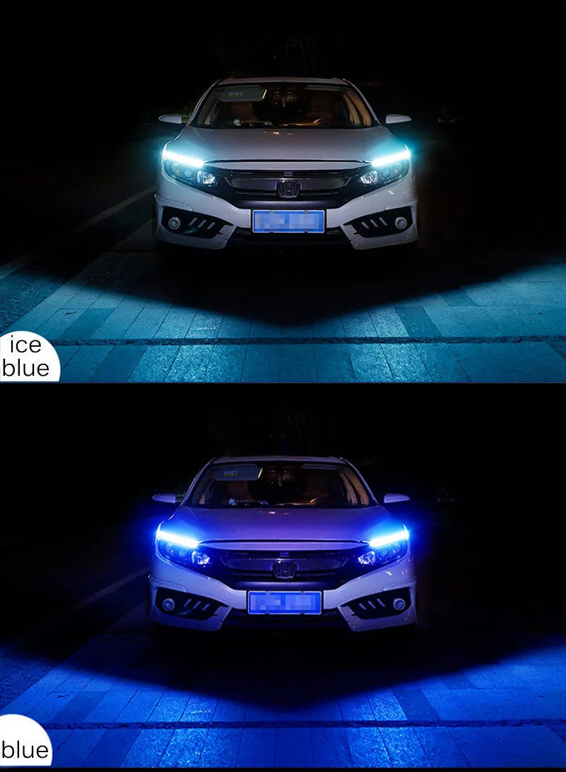 Flexible silicone car LED daytime running light strip with flowing turn signal function.