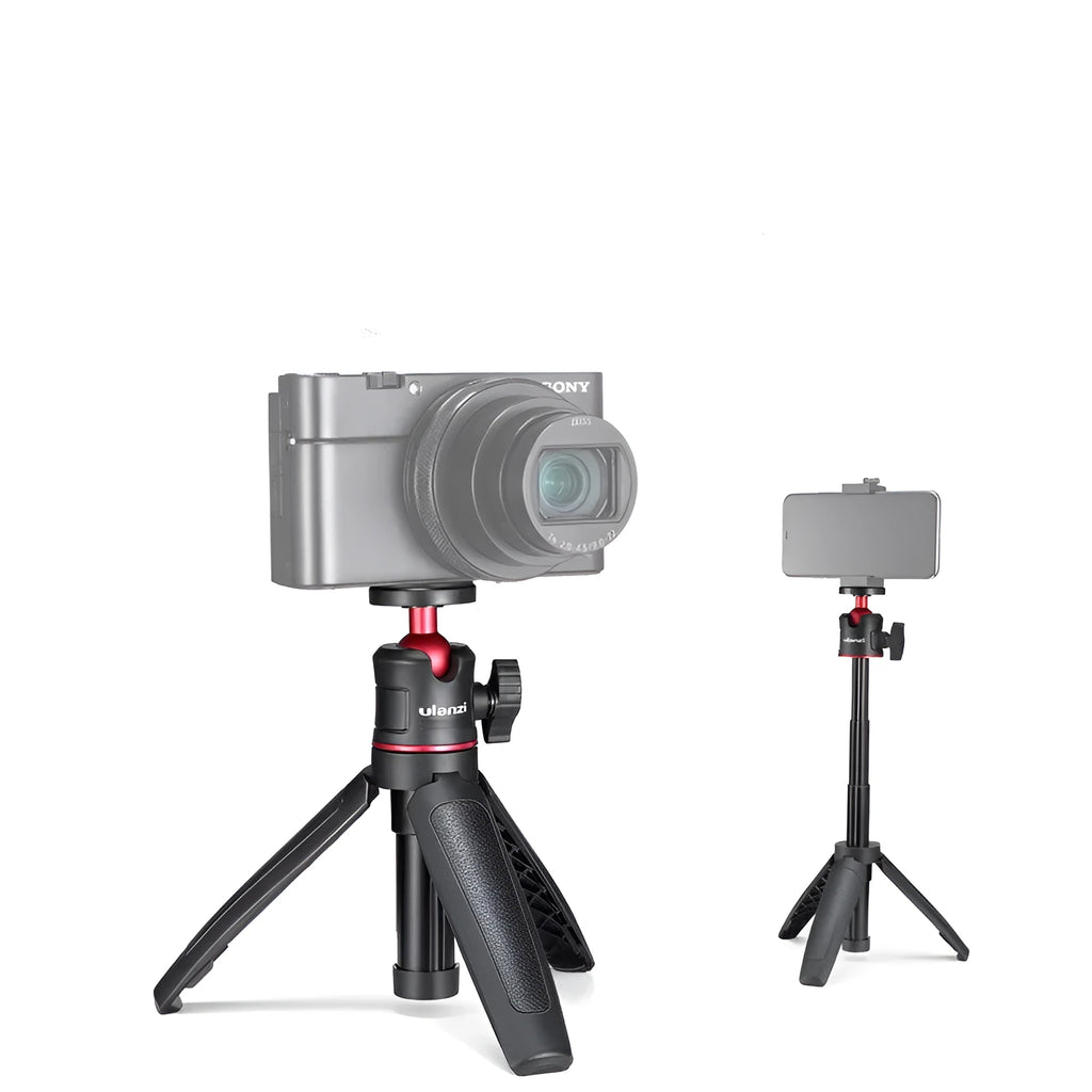 Black red and white aluminium and ABS mini desktop tripod stand for mobile phones.