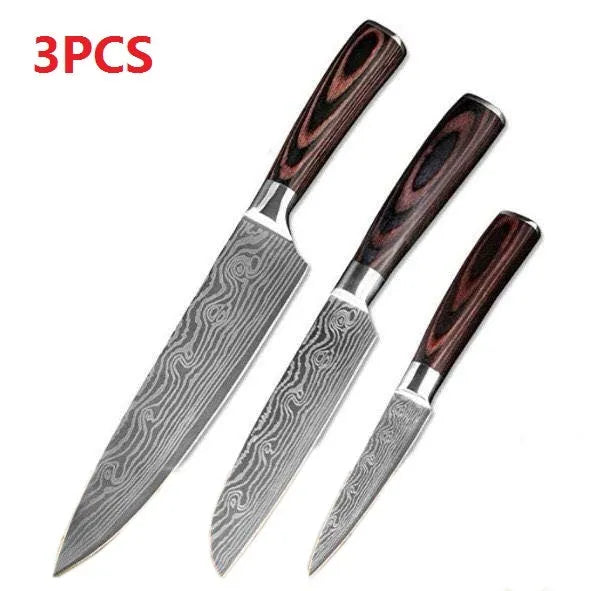 Carpenter's Special kitchen knife with laser Damascus pattern blade and coloured wood handle