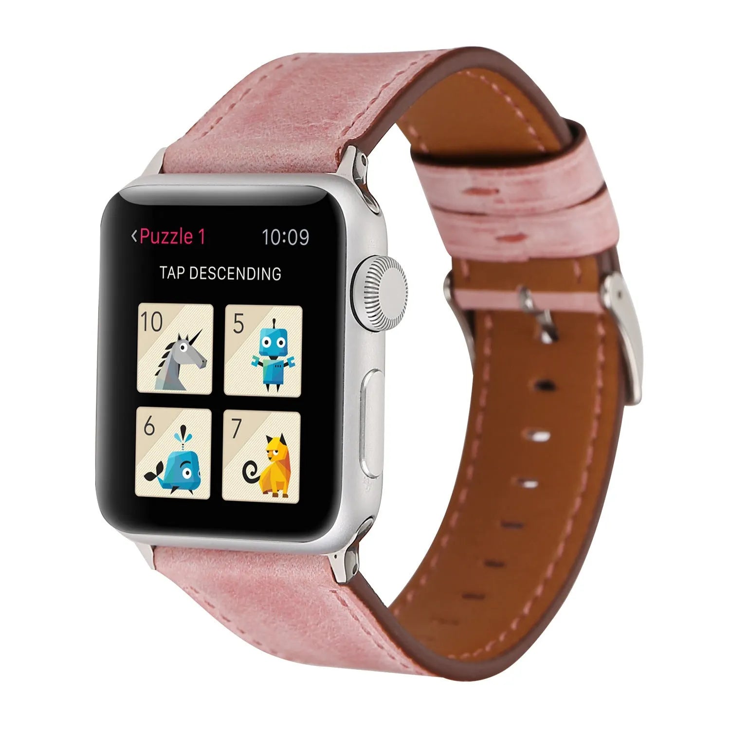 Leather watch strap with a metal folding buckle on a wooden surface.
