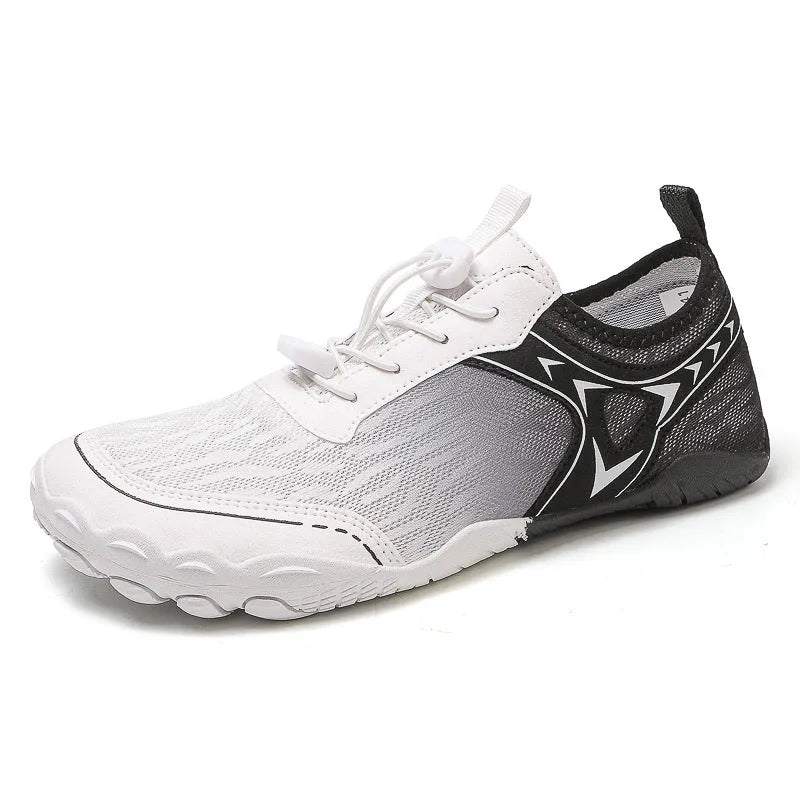 Five finger non-slip upstream shoes in army green with low-top Lycra upper and rubber sole.