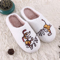 White cartoon pattern fluffy slippers with a non-slip rubber sole and toe holder design.