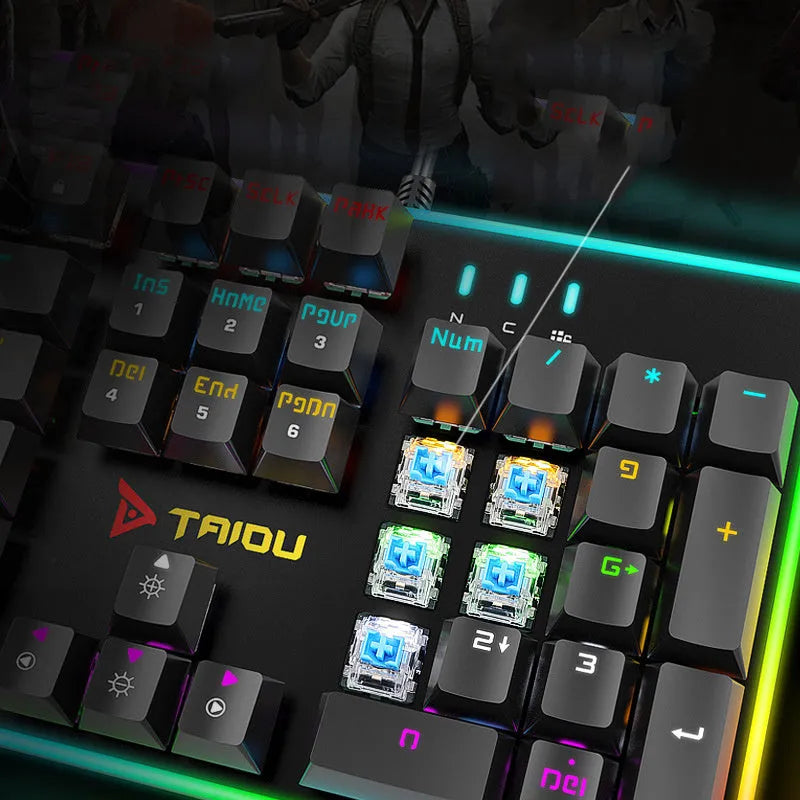 Real wired mechanical keyboard with 104 keys, RGB backlight, metal frame, and USB cable for desktop use