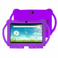 Children's 7-inch Android smart tablet with dual camera, quad core processor and WiFi, shown in Blue, Pink, Purple or Red.