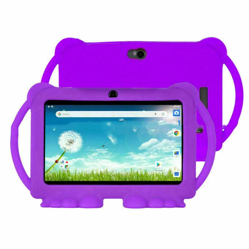 Children's 7-inch Android smart tablet with dual camera, quad core processor and WiFi, shown in Blue, Pink, Purple or Red.