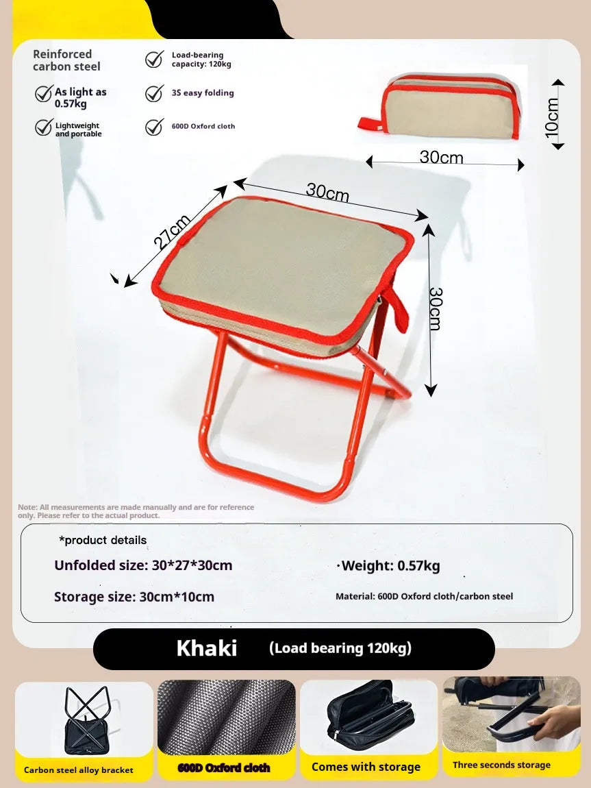 Lightweight foldable camp stool in Oxford cloth, shown in khaki colour, folded and unfolded.