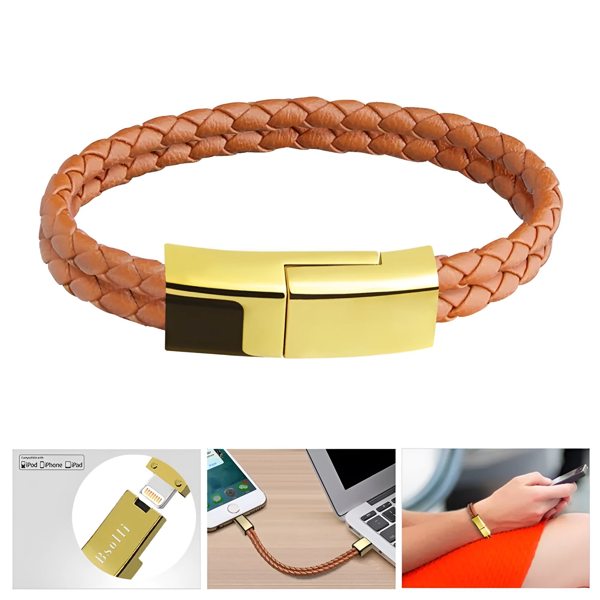 Brown double-line bracelet cable measuring 22.5cm with single USB connector in gift box