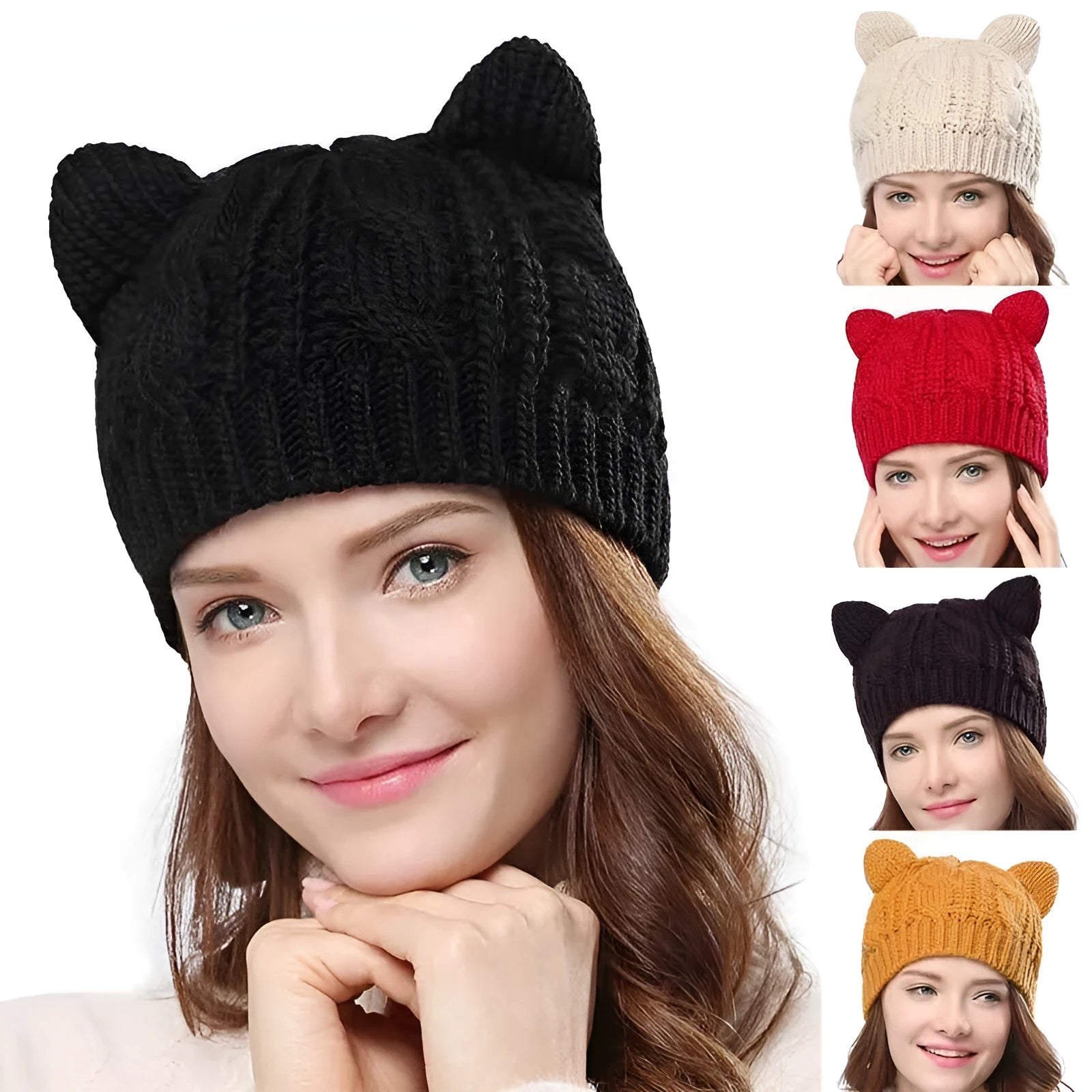 Hand made red knitted winter beanie with 3D cat ears on a mannequin head.