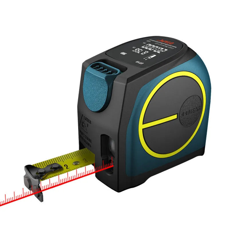 Black infrared laser rangefinder DT10 with digital display and 5 metre nylon tape measure