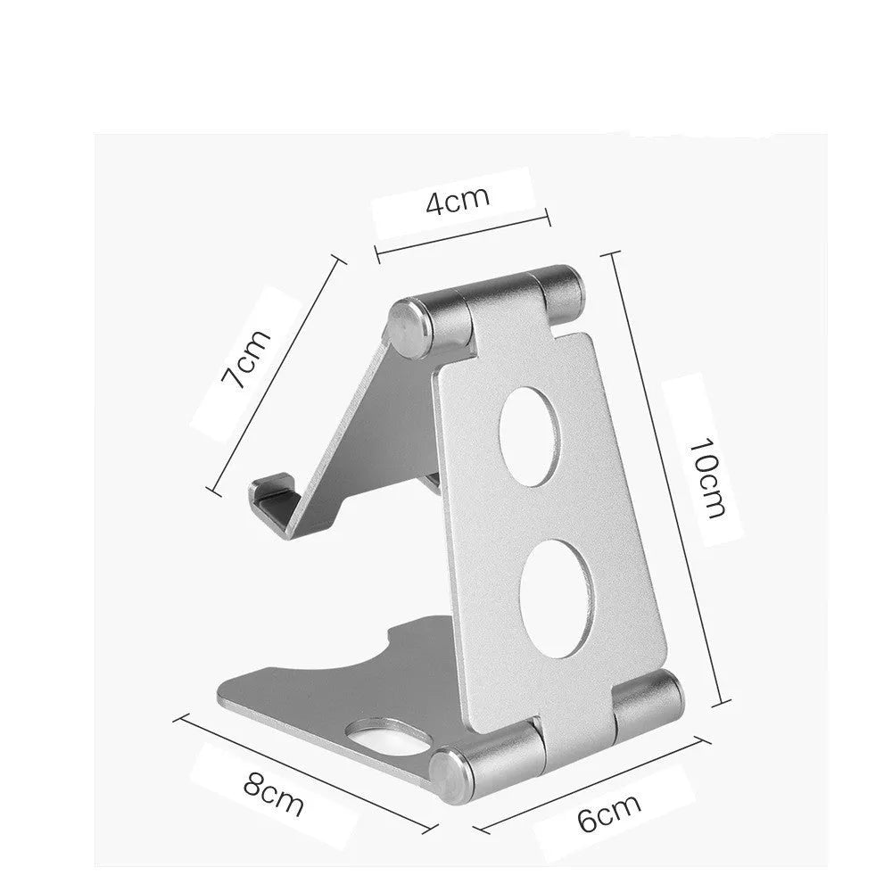 Folding mini mobile phone bracket in black with foldable legs, on a wooden desktop