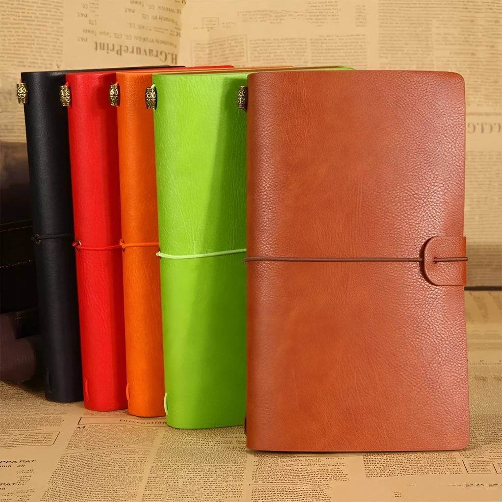 A6 vintage travellers notebook with PU cover, 200 x 120mm, shown in Black, Brown, Light Green, Orange, or Red