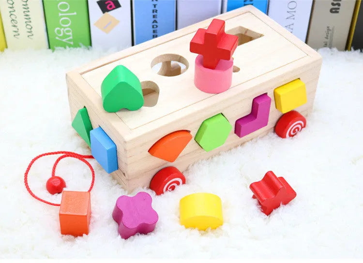 Wooden shape matching building blocks in pine wood with water-based paint, supplied in a sixteen hole intellectual box for children over 1 year old.