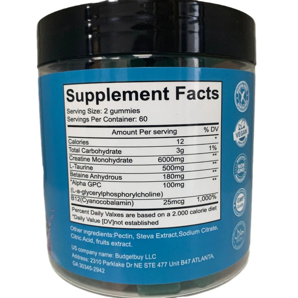 Bottle of raspberry-flavoured creatine monohydrate gummy supplements containing 120 tablets