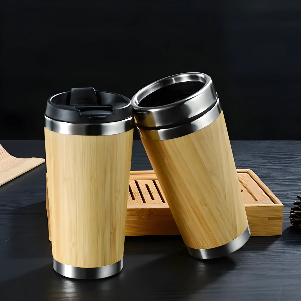 Bamboo insulated coffee cup with stainless steel interior and leak-proof lid, 420ml capacity