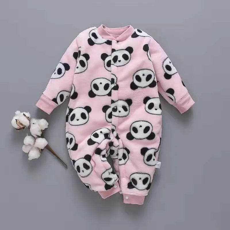 Long sleeve baby onesie romper in thicker flannel fabric with panda print design
