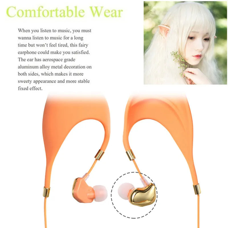 Cartoon elf ear headphones with microphone and 3.5mm cable in fantasy design