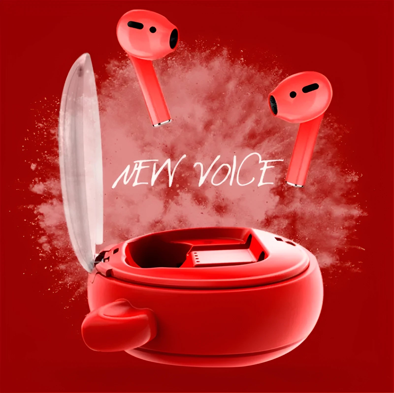 Macaron Red coloured TWS true wireless Bluetooth 5.0 in-ear headphones with charging case.