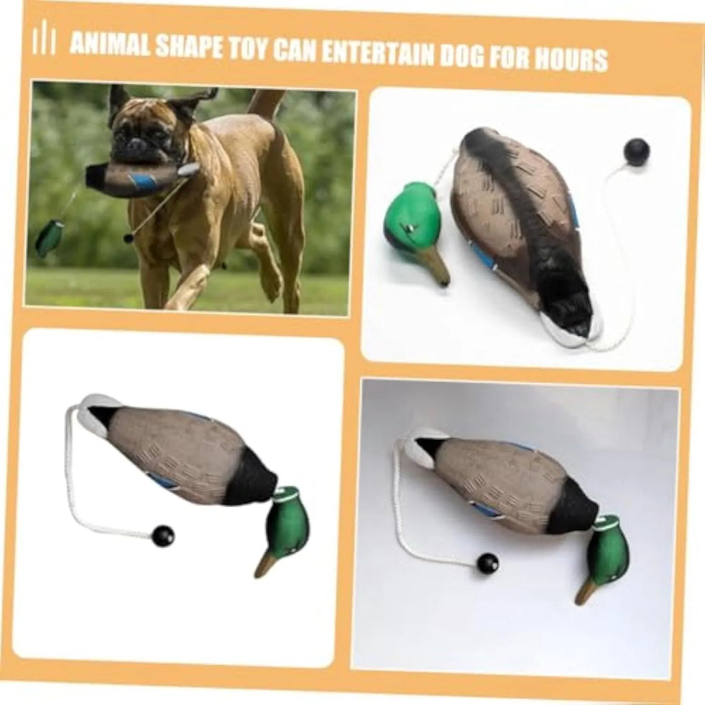 Green no-stuffing duck dog toy made from EVA, 35 cm x 10.5 cm x 8 cm, with quacking sound for chewing and training.