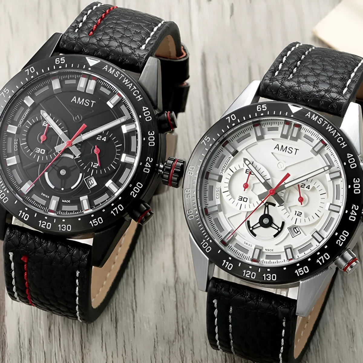 Emmett six-hand quartz watch with 48.2mm alloy case, mineral glass, IP plating, and choice of belt or steel strap