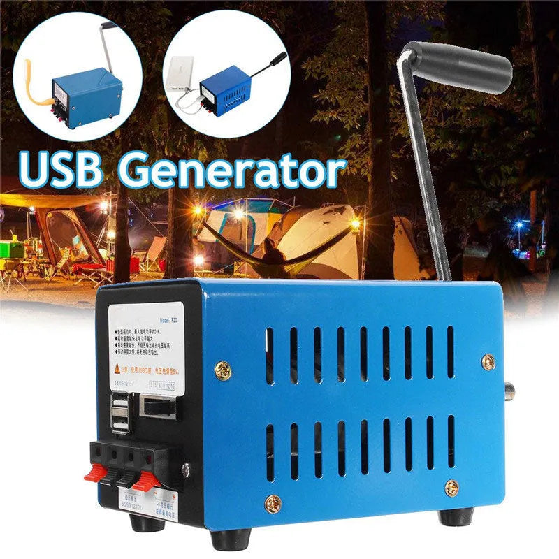 Blue metal hand crank emergency USB generator with compact 125x80x85mm dimensions