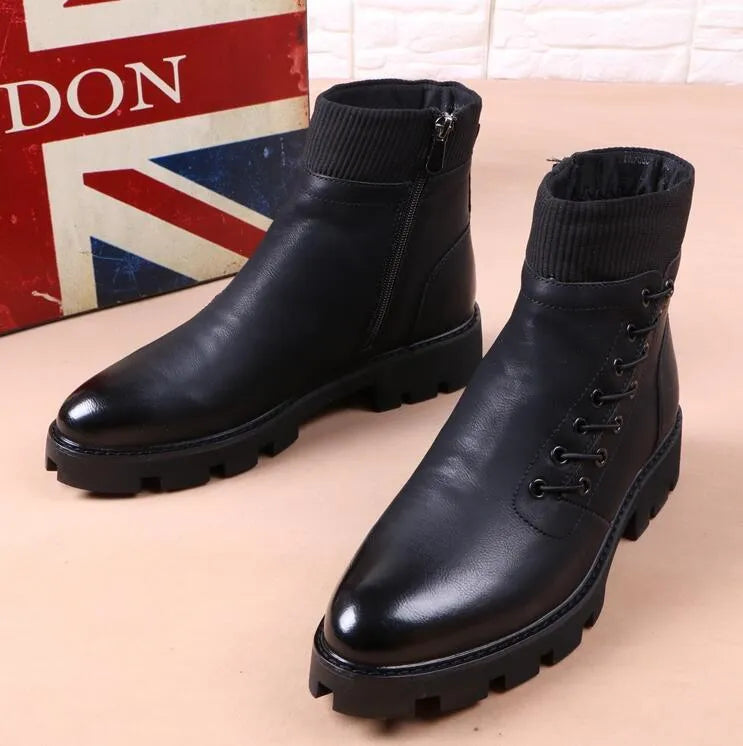 Men's black ankle boots with microfibre upper and rubber sole, heightening Korean style Martin boots, sizes 37-44