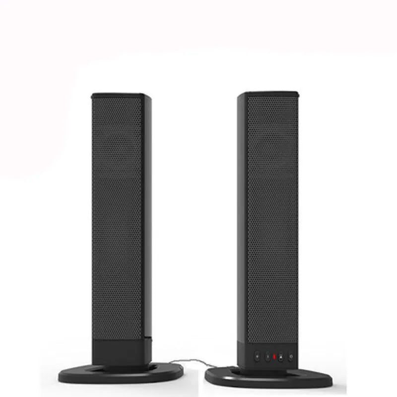 Black foldable split TV Bluetooth speaker system showing two plastic speakers with dimensions 490mm x 50mm x 50mm