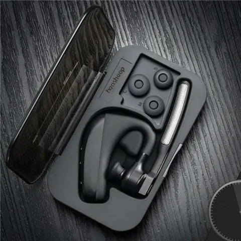 Black true wireless Bluetooth earbuds with a charging case on a white background.