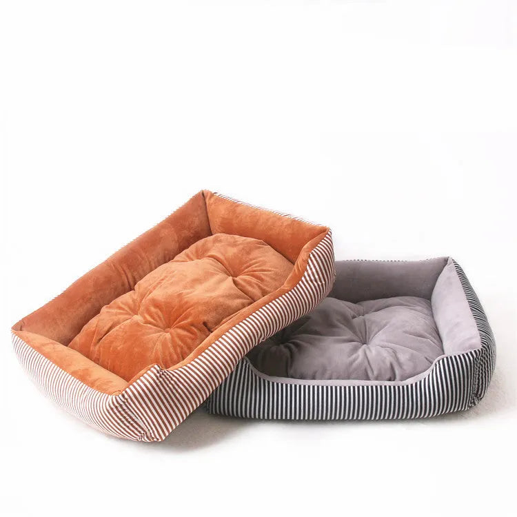 Round cloth pet bed for dogs and cats showing multiple colour pattern options and size range.