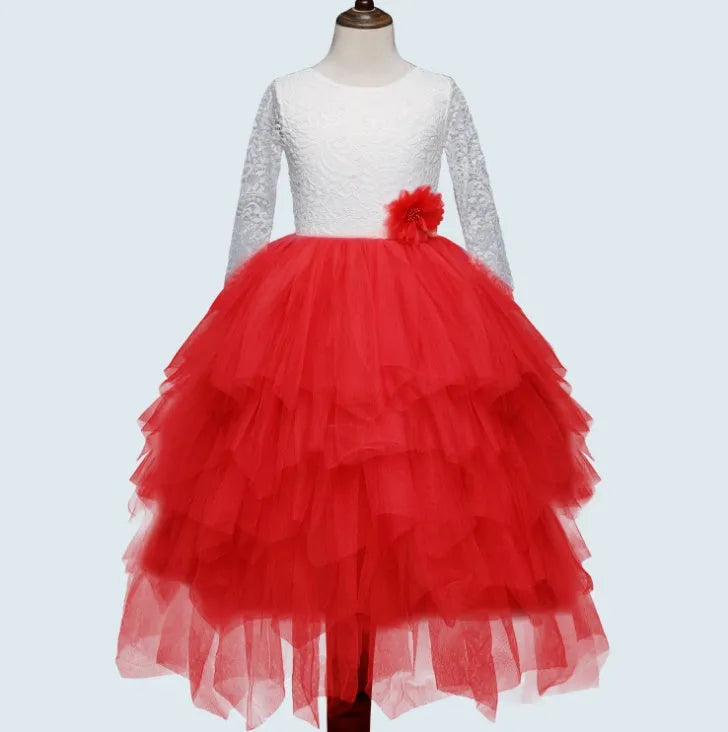 Children's white hollow lace long-sleeved princess dress cotton blend for autumn and winter