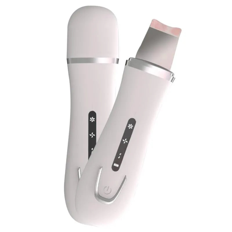 White ultrasonic ion cleaning machine with stainless steel head and compact body for pore cleaning and blackhead removal