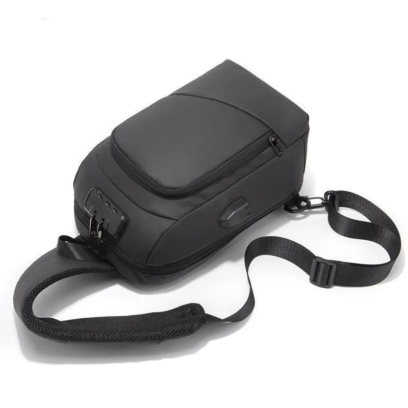 Black anti-theft chest bag with lockable zipper and USB charging port, made from Polyamide fibre, worn as a crossbody bag