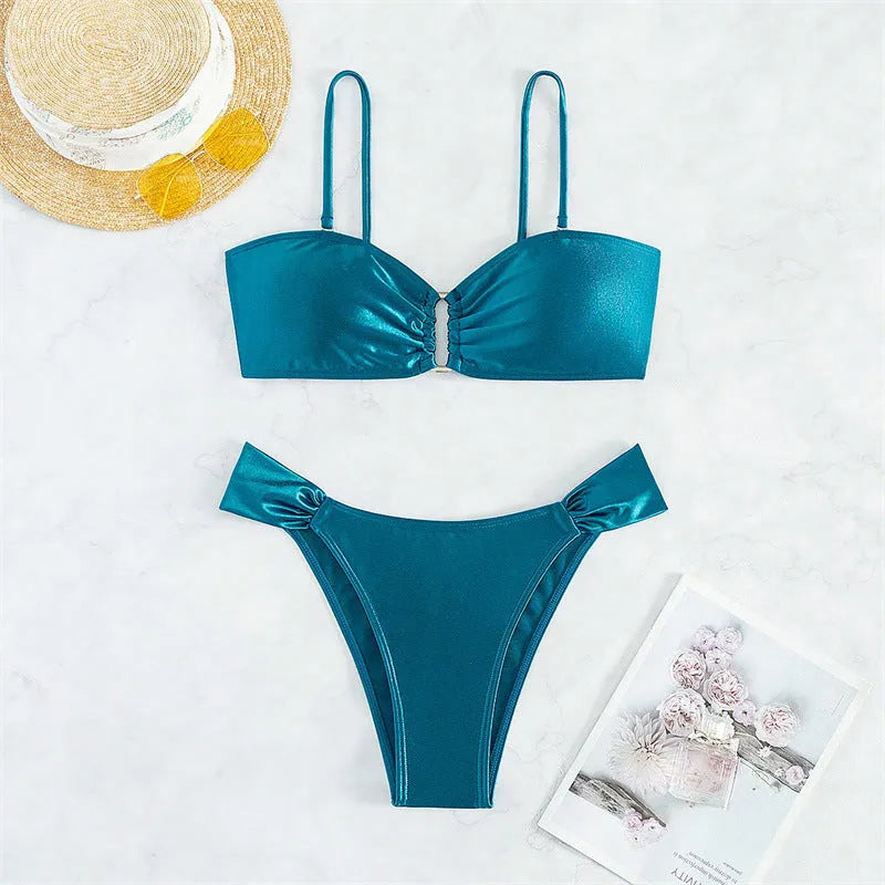 Women's solid colour glossy bikini swimsuit in blue or black, sizes S-XL, briefs style with Polyester lining