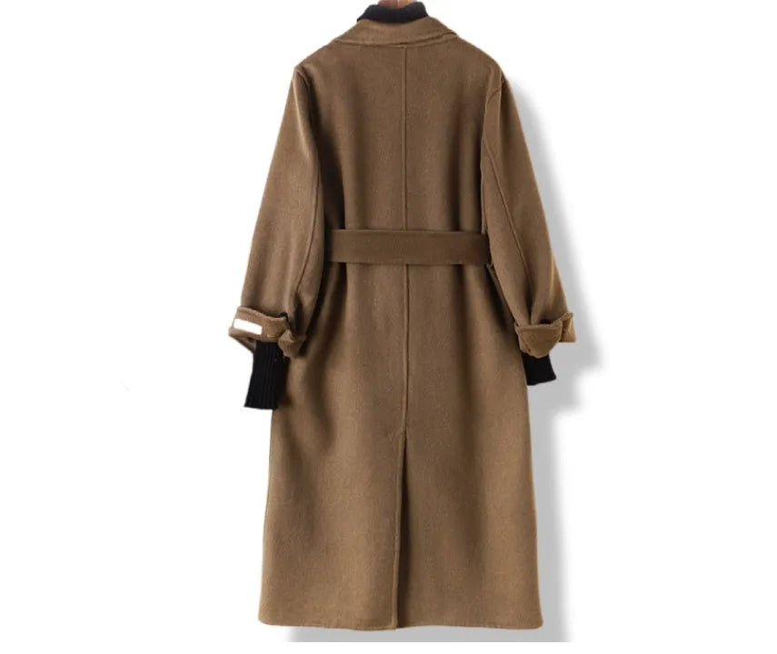 Men's wool coat with a long suit collar shown in black and caramel colours.