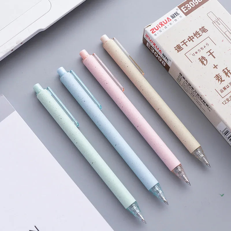 Set of 12 push-type gel pens in beige, blue, green, and pink with 0.5mm black tips.