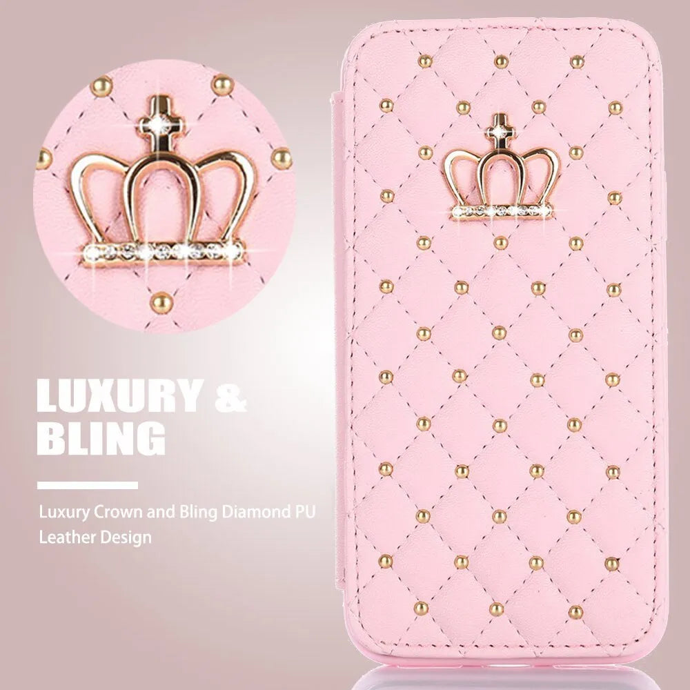 Crown card leather flip case for Samsung in black, pink, white or rose red, with PU outer and TPU inner shell.