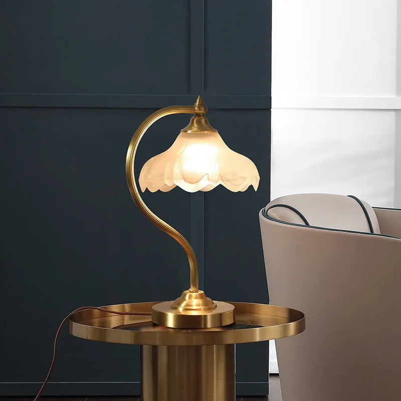 Gold copper and glass bedside lamp with fabric shade, 23cm diameter, 42cm height, on bedside table