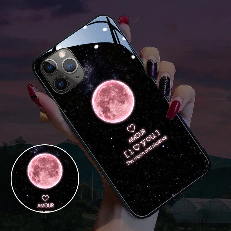 iPhone case with tempered glass back and LED flash light, compatible with multiple Apple models