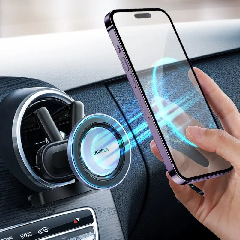 Black magnetic suction mobile phone holder with double tail clip for air vent, compatible with iPhone 12-14