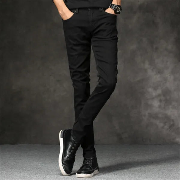 Black slim-fit stretch men's cotton pants, tight cut, sizes 27 to 36 with full cm size chart