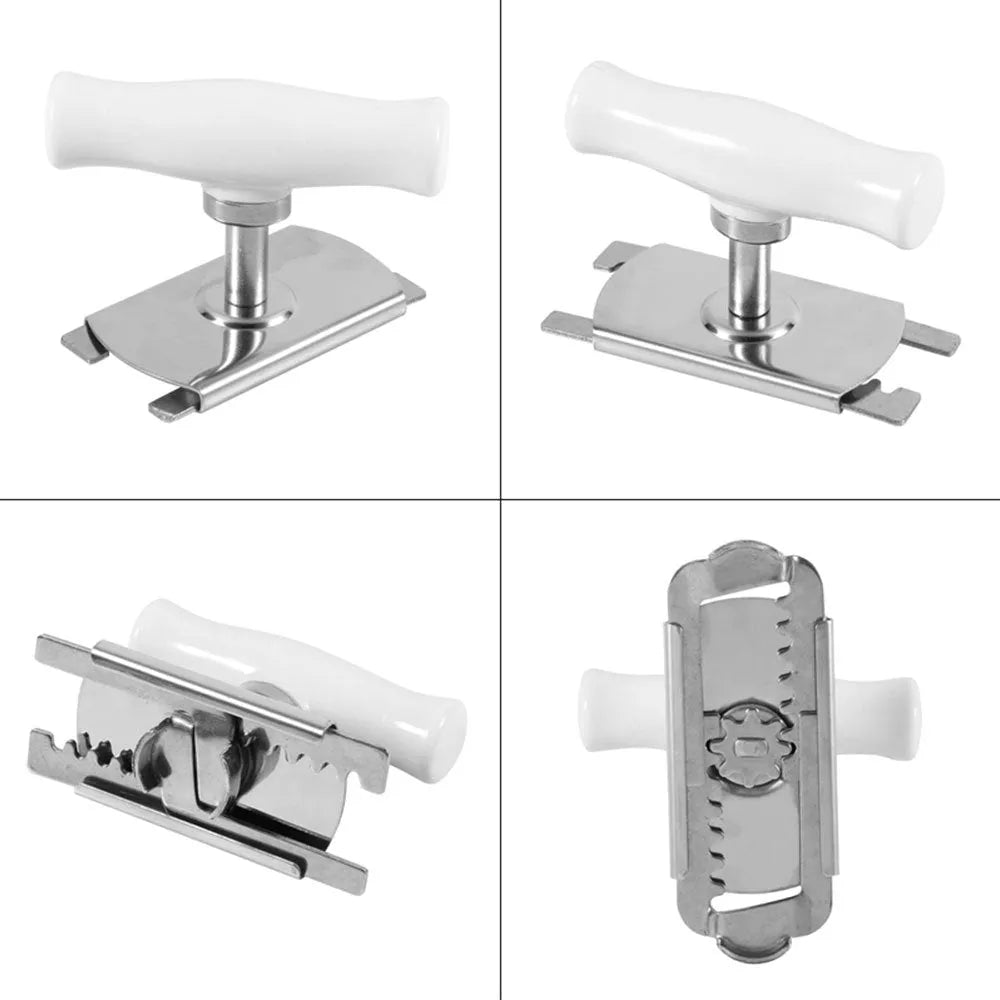 White stainless steel adjustable bottle opener with ABS plastic handle showing gear mechanism