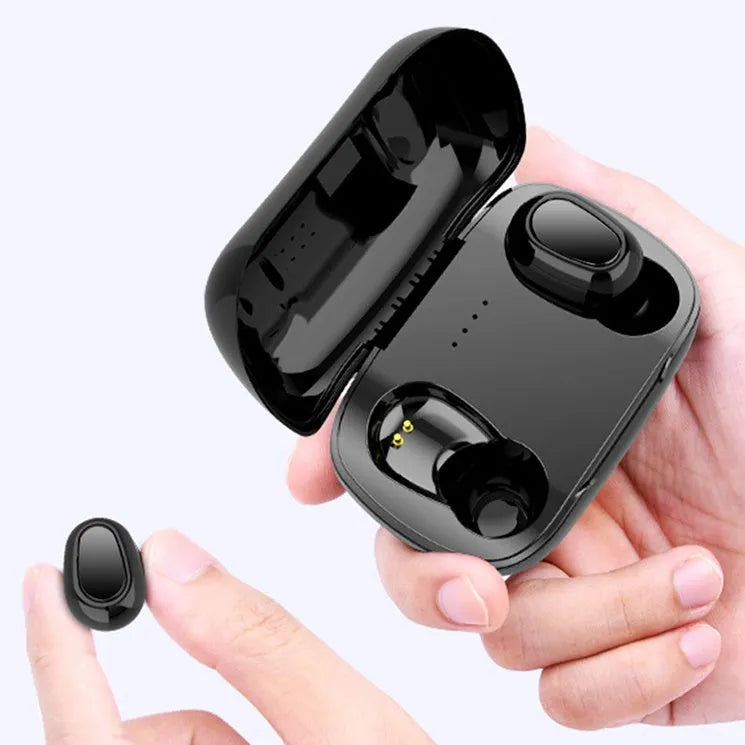 Black, pink, and white TWS Bluetooth wireless earbuds showing left and right earpieces.