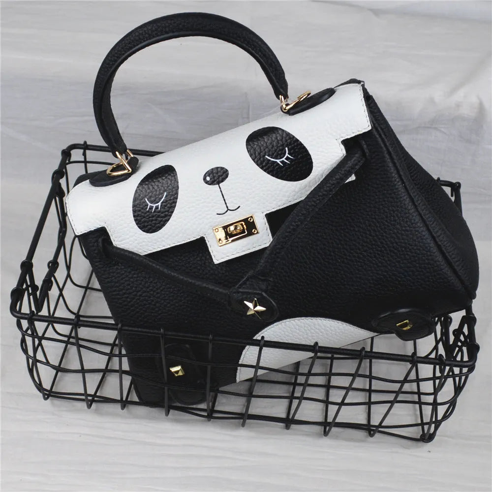 Panda handbag in cow leather with printed animal pattern, horizontal square shape, 20cm size