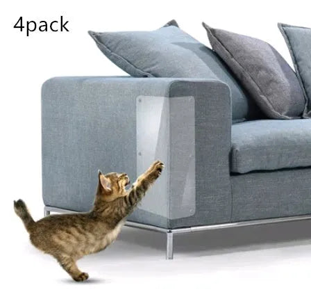 Two transparent PVC self-adhesive cat claw protector pads on a leather sofa arm, each 47x15cm