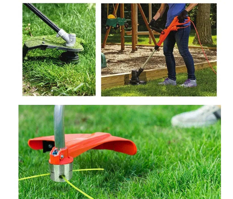 Silver aluminium grass trimmer head for lawn mower with four light yellow cutting lines